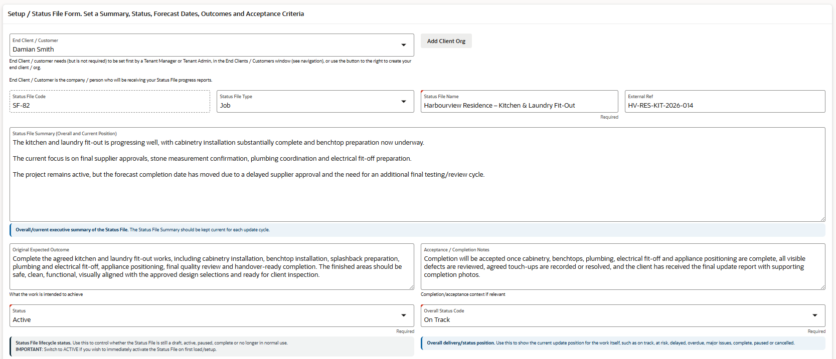StatusAngel Progress Reporting Software Status File Setup Section 1