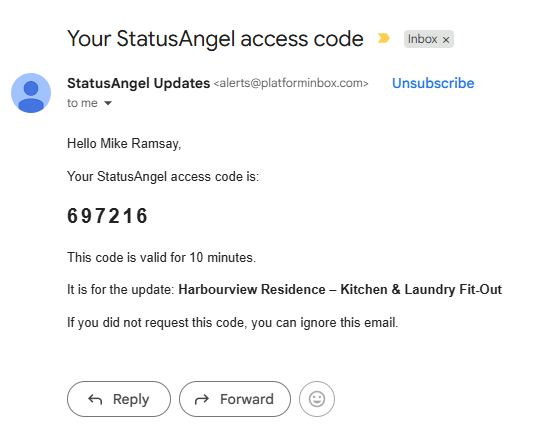 Access Code Received to Recipient on File Email Address
