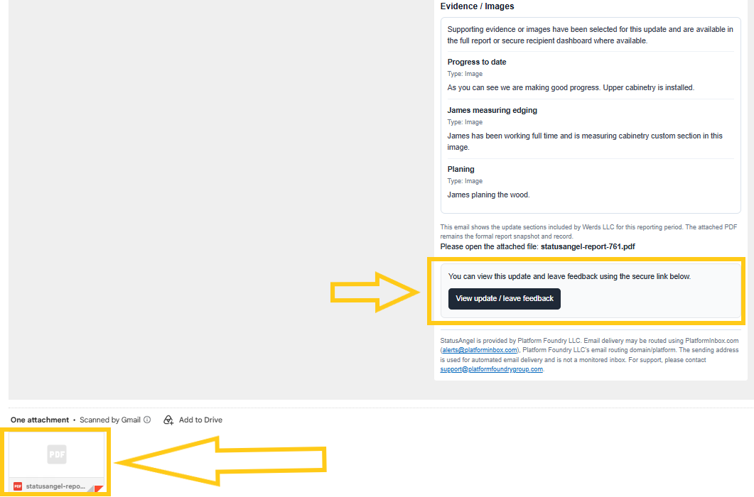 Customer progress reporting software email bottom view