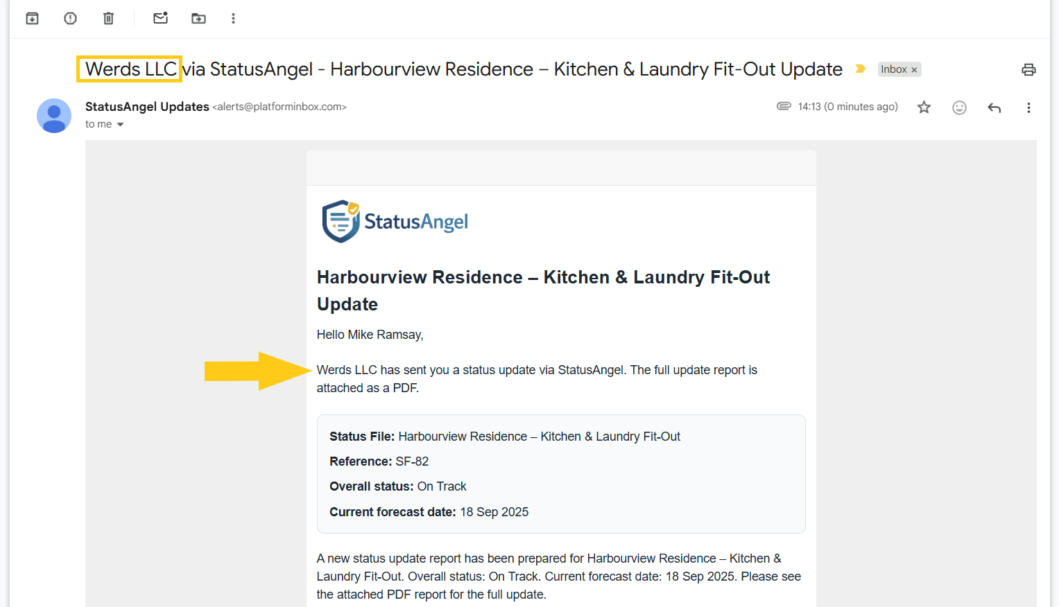 Customer progress reporting software email header