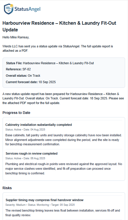 Customer progress reporting software email header wider view