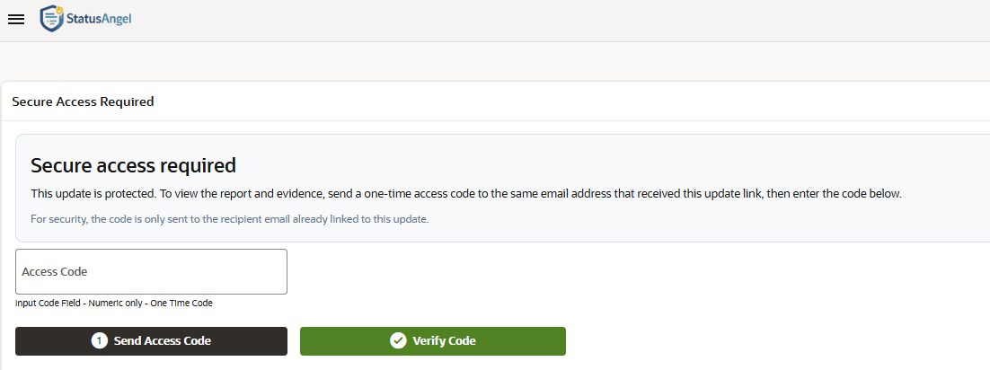 End Customer / Client or Stakeholder Secure Access Login after Following Email Link for customer progress reporting software