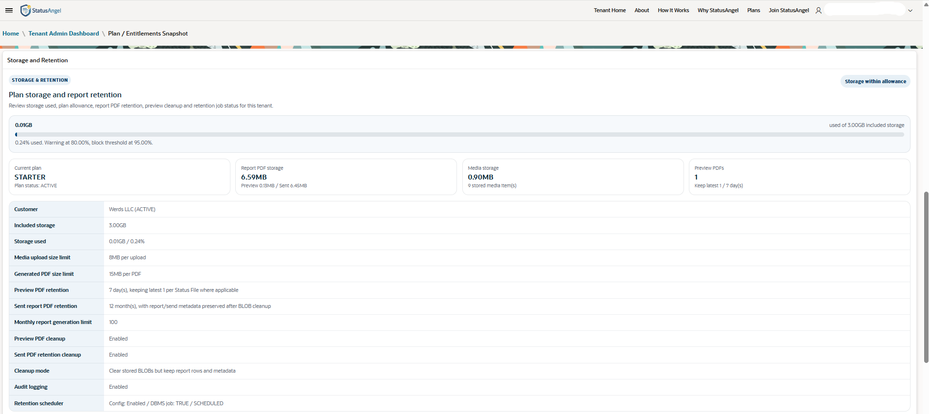 Customer progress reporting software tenant admin retention and storage overview