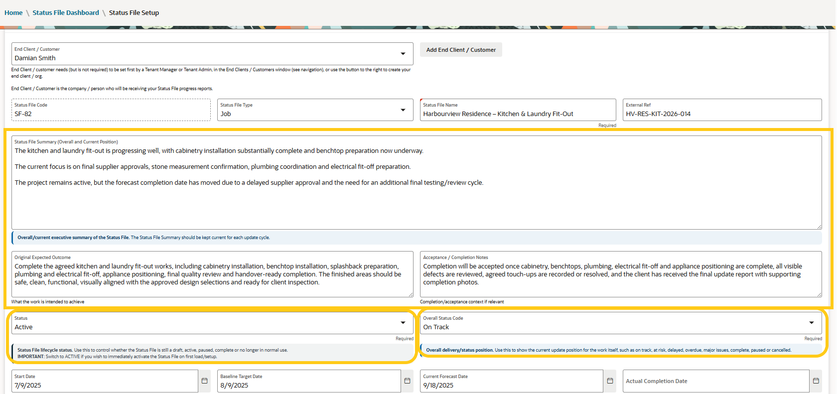 Core Overarching Progress and Status Details - Summary Position, Expected Outcomes and Acceptance / Completion notes - Included in Reporting only if completed in StatusAngel
